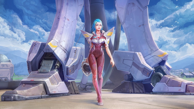 digital art, mech, robot, blue hair, flight suits, 1080P, women, science fiction, anime, cube brush