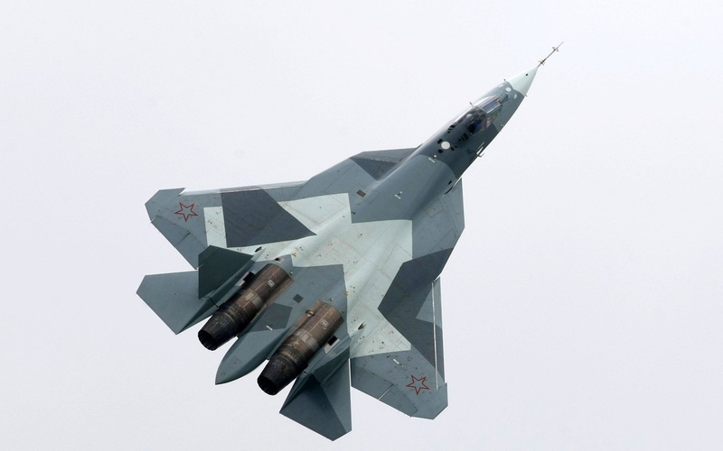 air vehicle, mode of transportation, fighter plane, plane, indoors, transportation, air force, sky, military, military airplane, copy space, cut out, Sukhoi Su-57