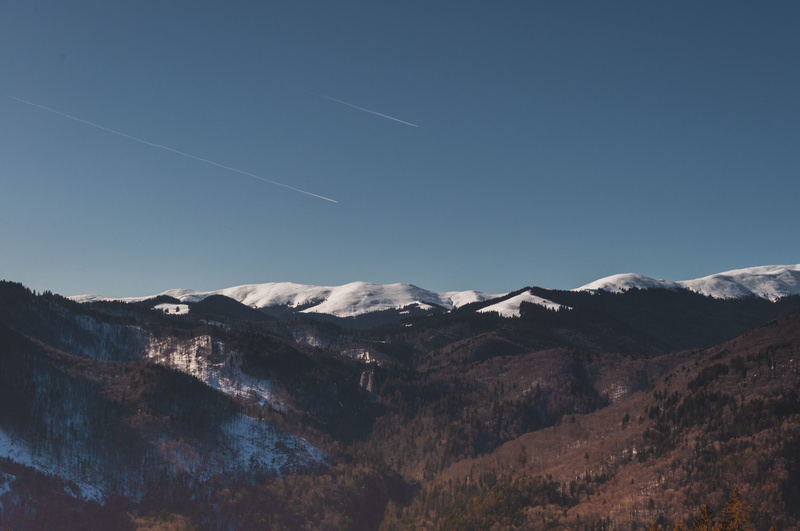 vapor trail, peak, tranquil scene, beauty in nature, day, bucegi mountains, nature, scenics - nature, plant, photo, clear sky, outdoors, landscape, abies