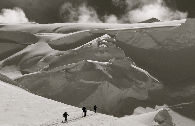 mountains, holding, black-and-white, beauty in nature, grayscale, landscape, challenge, cold, cold temperature, lake, usa, ice, stick, sport, environment
