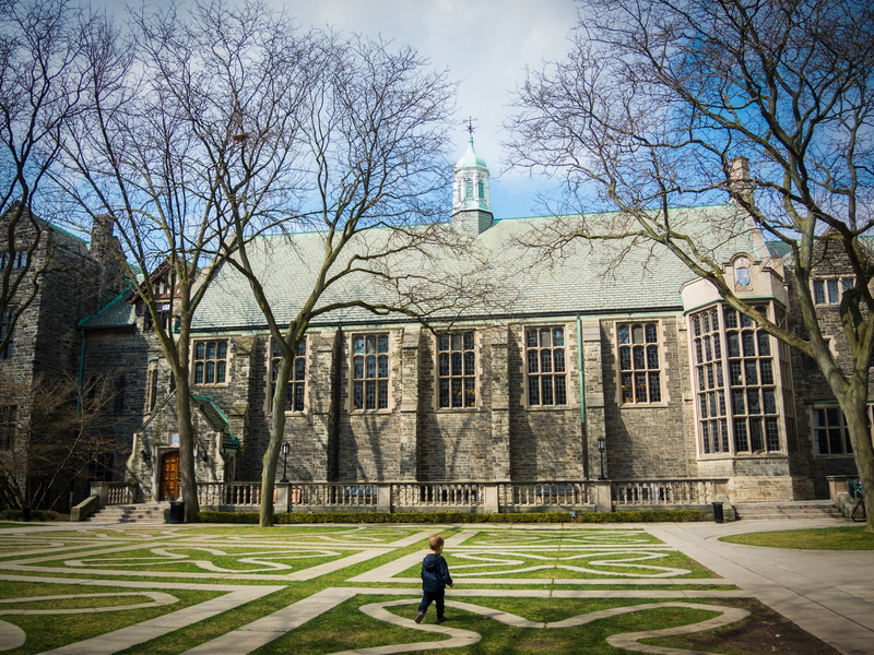 1080P, brown, built structure, one person, outdoor, old, trinity quad, real people, outdoors, blue, architecture, university, toronto, school, green, tree