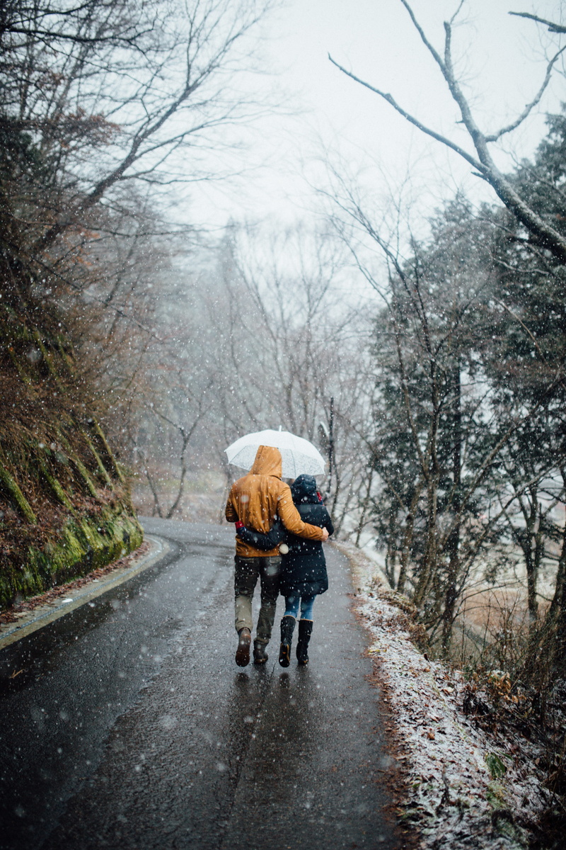 overcoat, clothing, holding, snowing, tarmac, pedestrian, people, full length, women, bare tree, walking, road, winter, woman, direction, vehicle, transportation