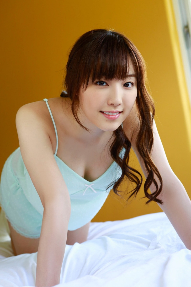 adult, bangs, indoors, beautiful woman, bed, hair, furniture, brown hair, young adult, hairstyle, happiness, Morning Musume, emotion, cleavage, long hair