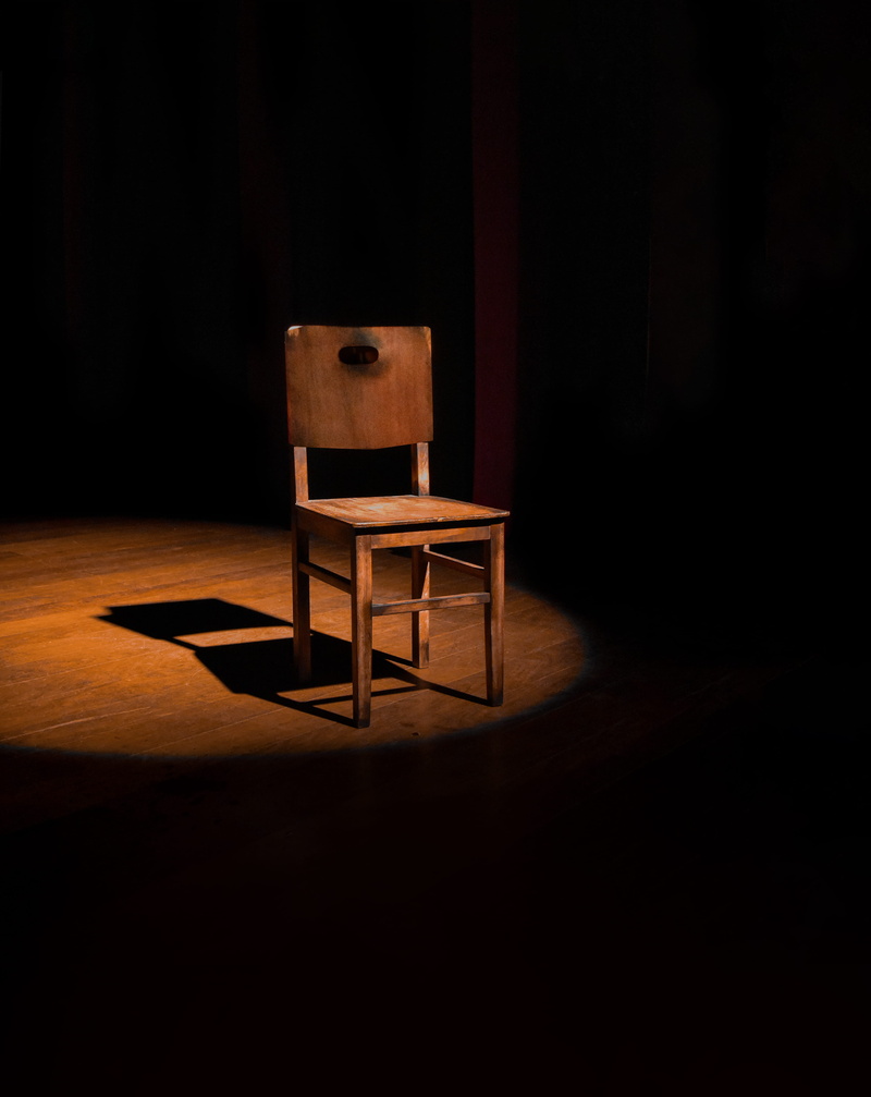 copy space, illuminated, seat, arts culture and entertainment, brown, wood - material, armless, stage, chair, table, spotlight, flooring, vacant, bar counter
