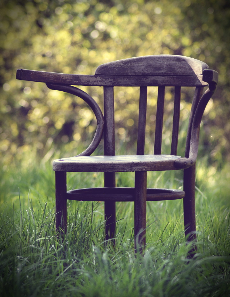 garden, wooden, park - man made space, old chair, tranquility, armless, vintage, park bench, park, daytime, field, seat, growth, green color, land, brown