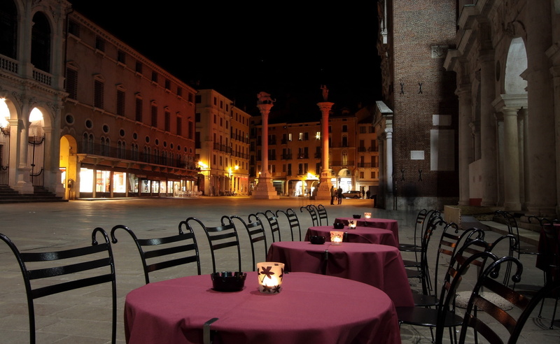 empty, chairs, illuminated, water, built structure, Venice, armless, no people, sidewalk cafe, candle, business, restaurant, black, brown, tablecloth, building exterior