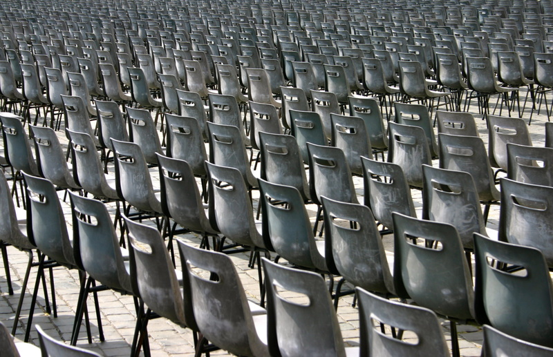 indoors, repetition, armless, rows, arrangement, no people, monotony, white, in a row, abundance, backgrounds, absence, chairs, silver colored, side by side