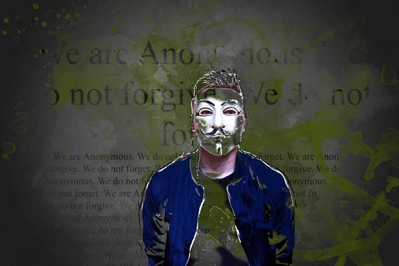we do not forget, real people, green color, one person, we are legion, portrait, disguise, front view, waist up, anonymous, art, man, text, wearing, men