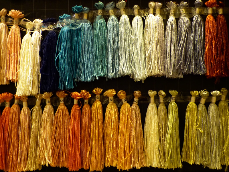 large group of objects, store, abundance, choice, silk, variation, hang, market stall, retail, market, colored, in a row, still life, indoors, hanging