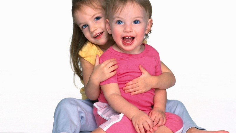 shirt, pink, pants, child, small, females, face, togetherness, childhood, positive emotion, white background, girls, neck, crew, studio shot, tee, children