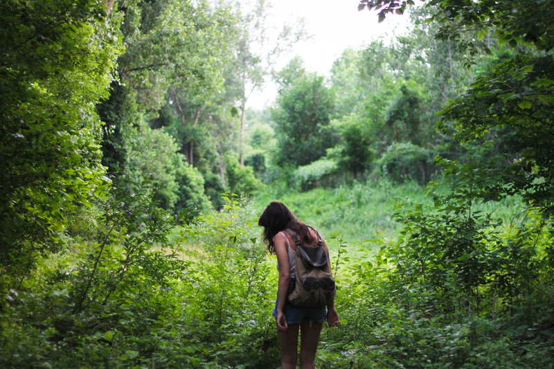model, foliage, jean shorts, lush foliage, women, real people, day, back, one person, tree, 4K, outdoors, woodland, plant, forest, bare shoulders, women outdoors