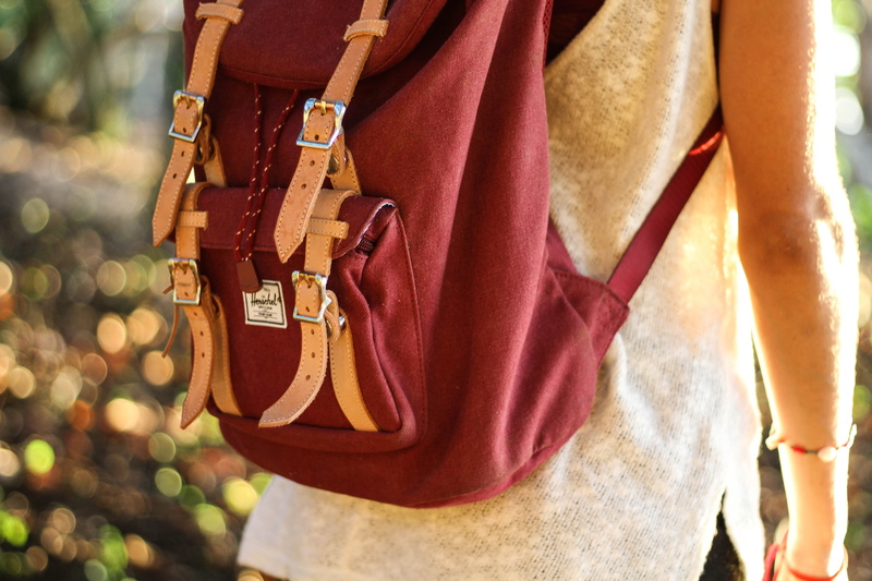 holding, buckle, arm, hanging, red, fabric, focus on foreground, standing, 5K, adult, pocket, herschel, body part, pouch, person, day, brown, close-up