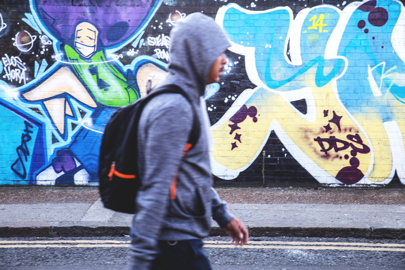 art and craft, built structure, Shoreditch, london, city, real people, east, street, one person, leisure activity, top, spray paint, mural, multi colored