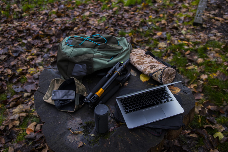 rucksack, portable, camping, speaker, essential, forest, 5K, leaf, focus on foreground, trek, environment, stone, near, plant, tripod, bag, gun, plant part