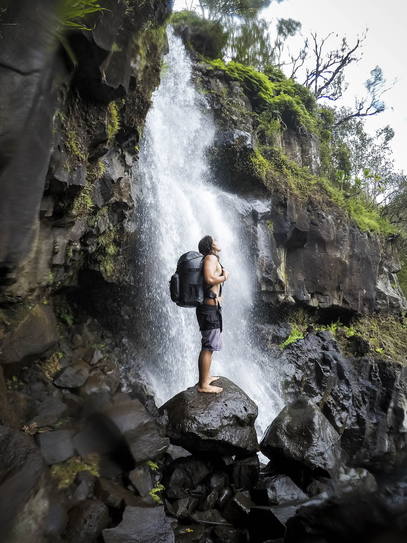 waterfalls, flowing water, rock formation, carrying, water, rucksack, man, stone, flowing, bag, front, rock, long exposure, rock - object, jungle, power in nature