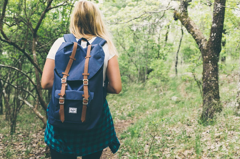 leisure, outside, female, summer, facing away, trees, land, day, backpack, teen, three quarter length, nature, holding, rear view, rucksack, lady, standing