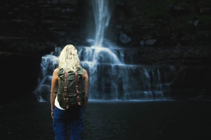 outdoors, long exposure, blond hair, scenics - nature, people, focus, lifestyles, photography, lady, three quarter length, rucksack, waterfalls, females