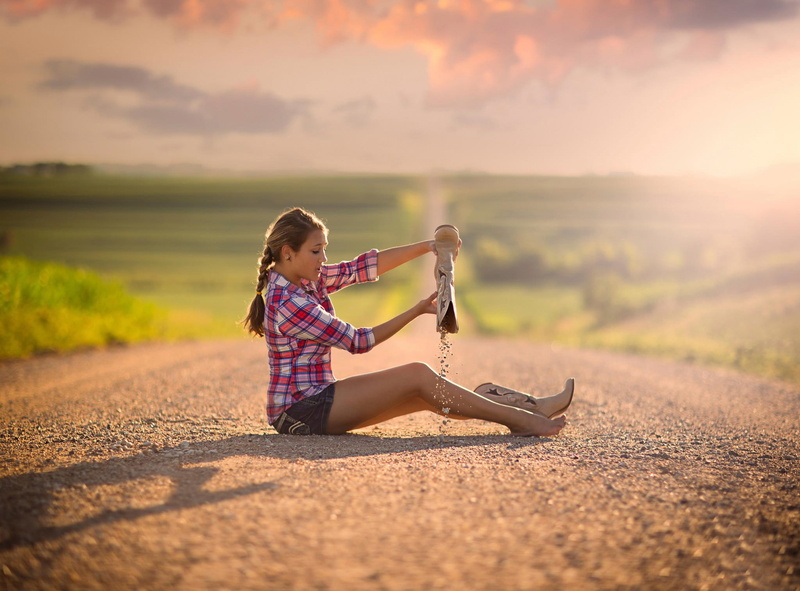 cowboy boots, braids, jean shorts, profile, Jake Olson, plaid shirt, boots, 1080P, women, sitting, brunette