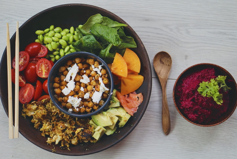 high angle view, bowl, food styling, 4K, produce, wellbeing, buddha bowl, food flatlay, chickpea, serving size, cutlery, filled, vegetable, garnish, indoors