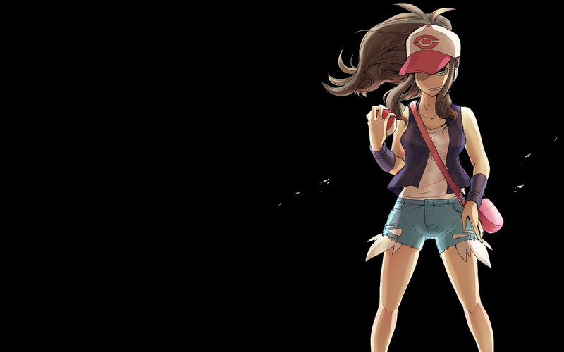 720P, art, Black, hd, balls, poke, background, hats, girls, simple, anime, pokemon, shorts, denim
