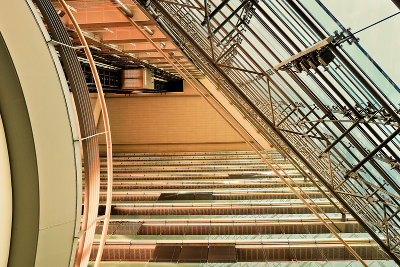 floors, inside, built structure, city gate, office, low angle view, railing, architecture, interior design, abstract, clear, steps and staircases, technology