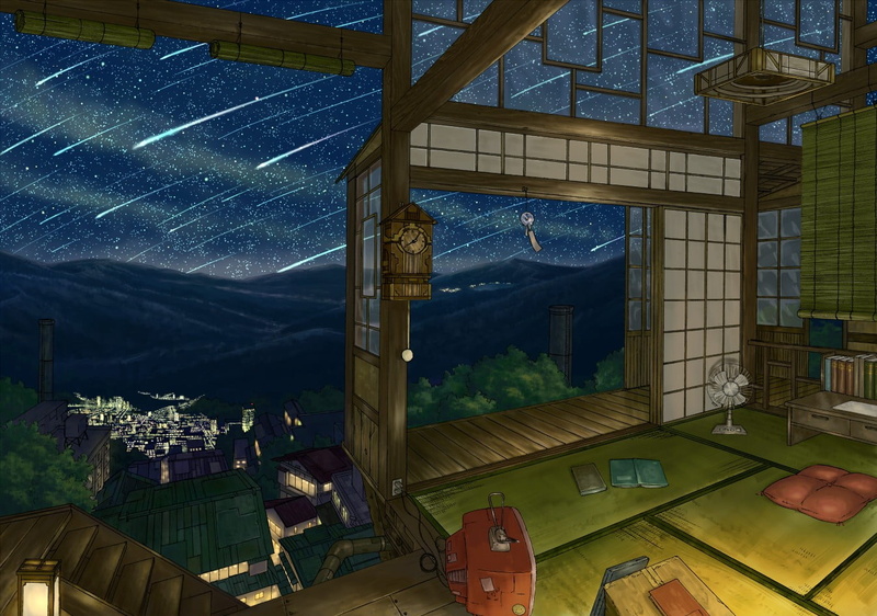 transportation, open, 720P, night, house, anime, architecture, wood - material, illuminated, built structure, indoors, building, sky, technology