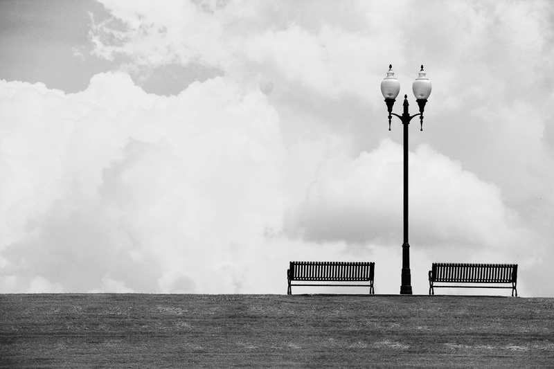 built structure, empty, quiet, sky, lamp post, post, lighting equipment, urban, park, solitude, relaxing, day, environment, cloud - Sky, seat, seagull