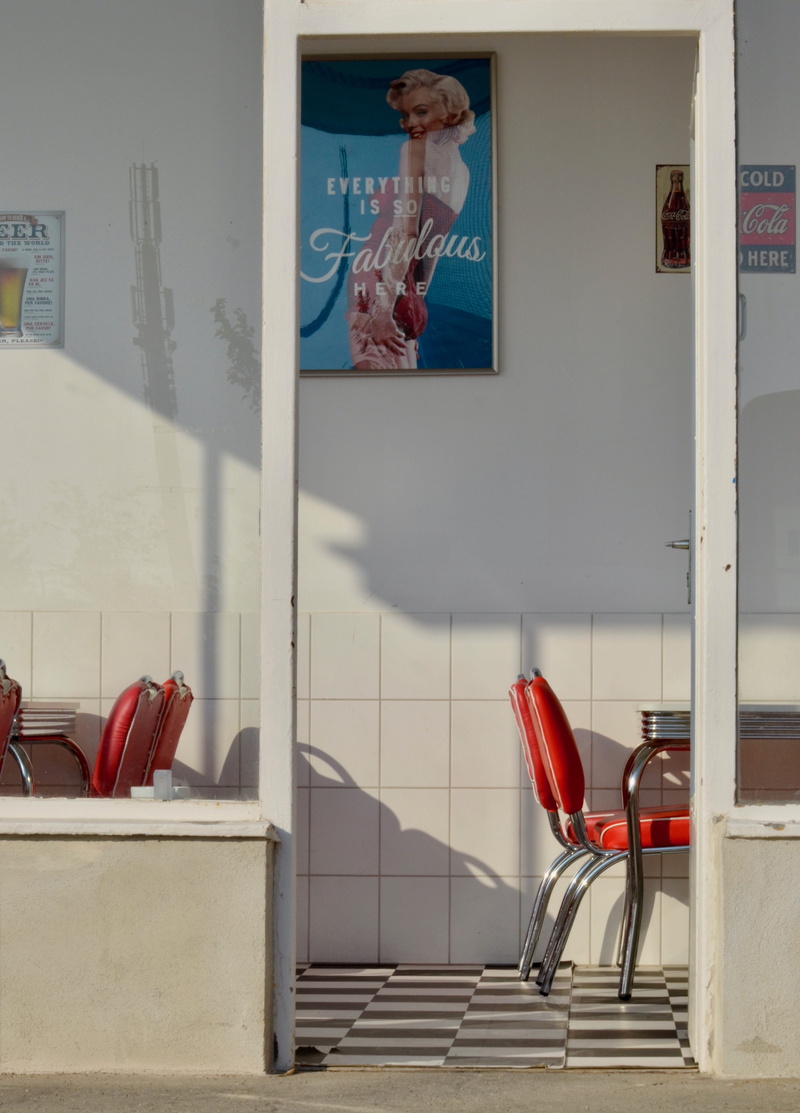 domestic room, representation, home interior, chair, retro, reflection, 4K, american diner, built structure, door, wall - building feature, indoors, no people