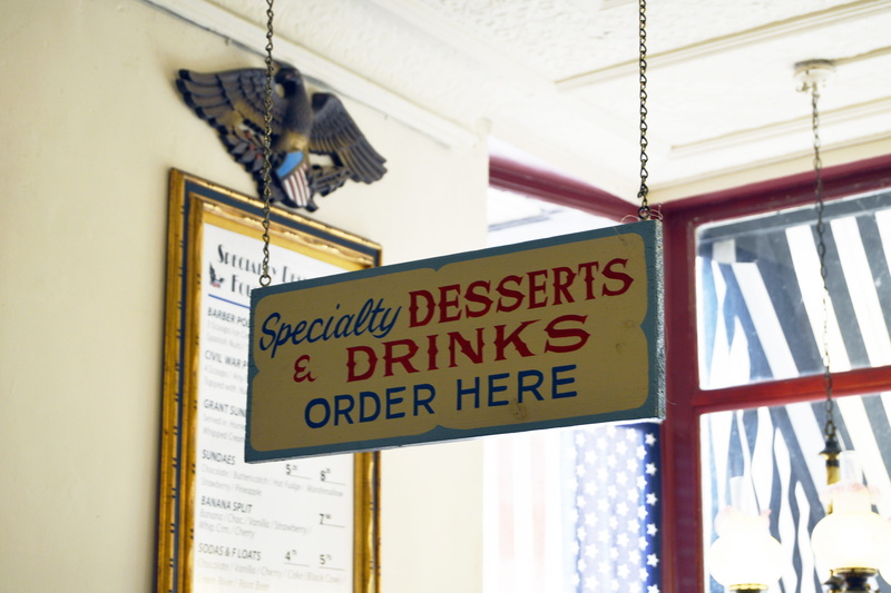 coffee shop, sign, ice, shop, vintage, ceiling, cream, sweet, icecream, retro, illinois, animal themes, store, western script, low angle view, cafe, diner