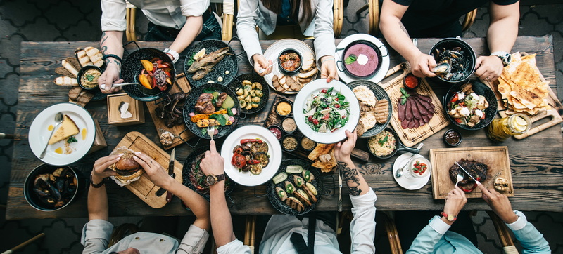 5K, variety of food, banquet, table, dishes, top view, friends
