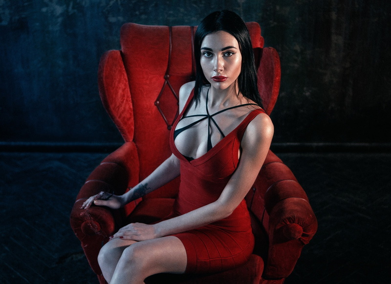 hairstyle, fashion, bangs, young adult, beautiful woman, beautiful people, model, clothing, 1080P, dress, red, one person, red dress, chair, looking at camera