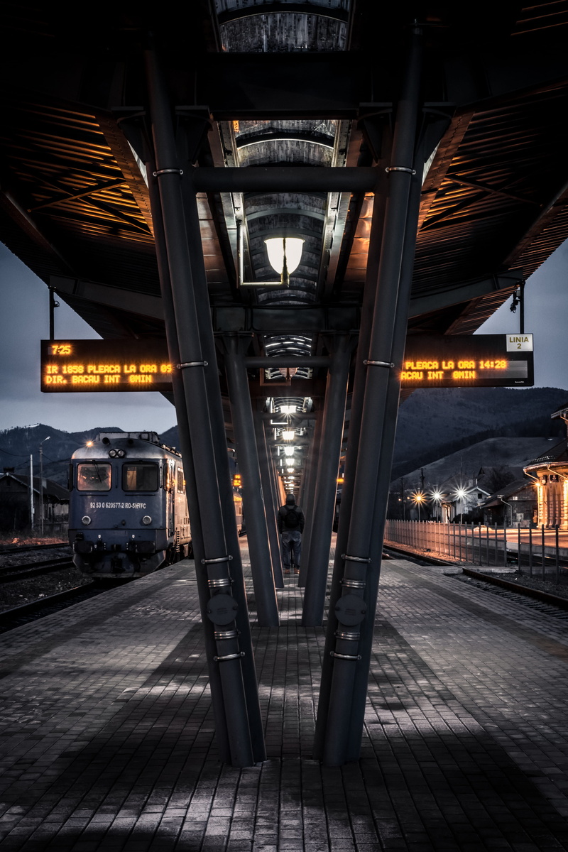 land vehicle, transportation, bridge - man made structure, railway, rail transportation, train track, vehicle, illuminated, walkway, piatraneamt, direction