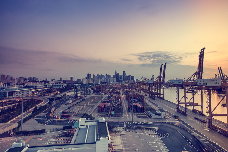transportation, mode of transportation, view, bridge - man made structure, building exterior, ship, crane, cargo, traffic, bay, landscape, cloud - sky