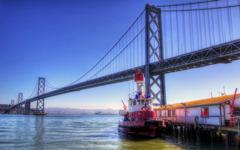 freight transportation, sea, cargo container, nature, built structure, bay bridge, sky, 2K, travel, bridge, mode of transportation, bridge - man made structure