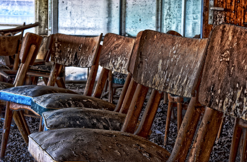 decline, rusty, building, lost places, damaged, in a row, run-down, deterioration, atmosphere, chairs, indoors, ailing, focus on foreground, lapsed, wood - material