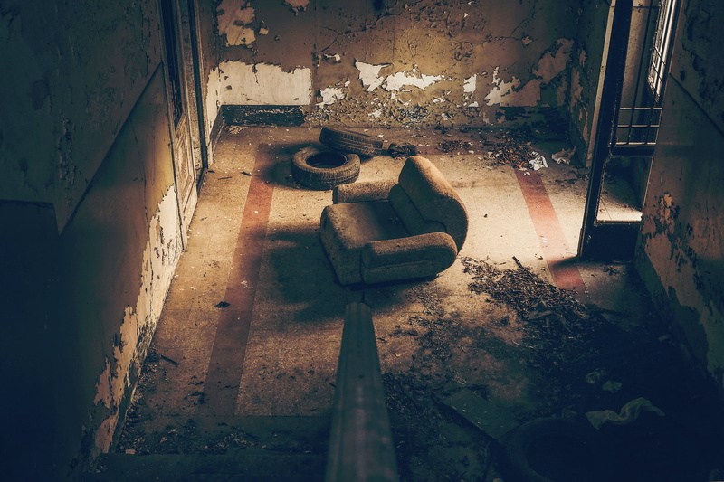 tires, old, no people, messy, inside, sofa, decline, history, brown, obsolete, bad condition, ruins, dirt, 720P, building, dirty, deterioration, couch