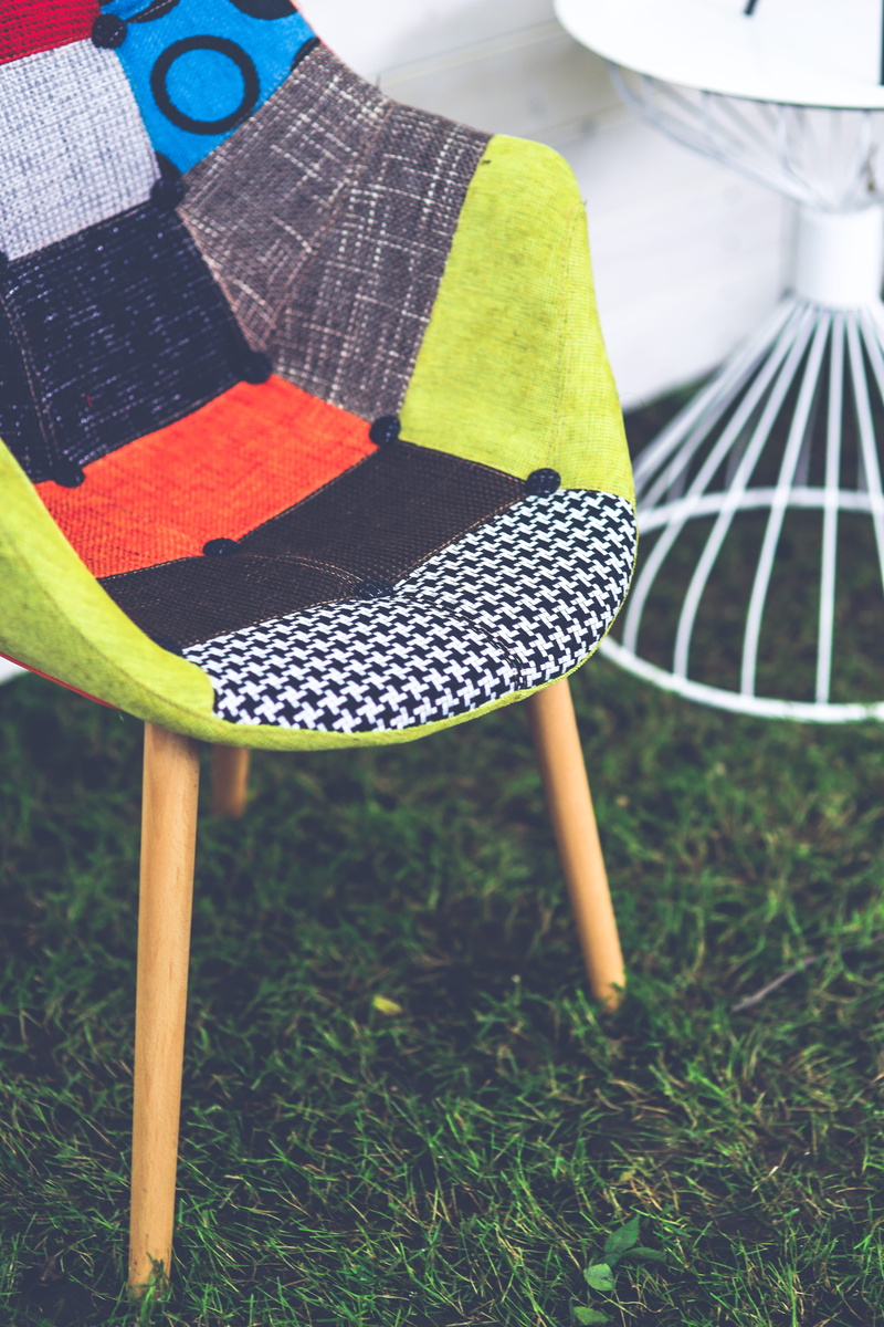 colorful, green color, leisure, garden, summer, patches, chair, close-up, wood, field, color, seat, day, leisure activity, buttons, focus on foreground