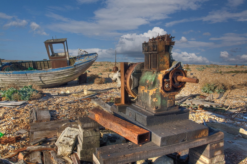 cloud - sky, coast, outdoors, obsolete, abandoned, Dungeness, ruined, damaged, engine, sky, old, lie, nautical vessel, deterioration, the past, land, transportation