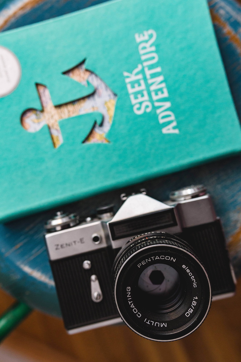 camera - Photographic Equipment, diary, selective focus, communication, number, blue, retro styled, green color, technology, travel, 5K, wooden, stool