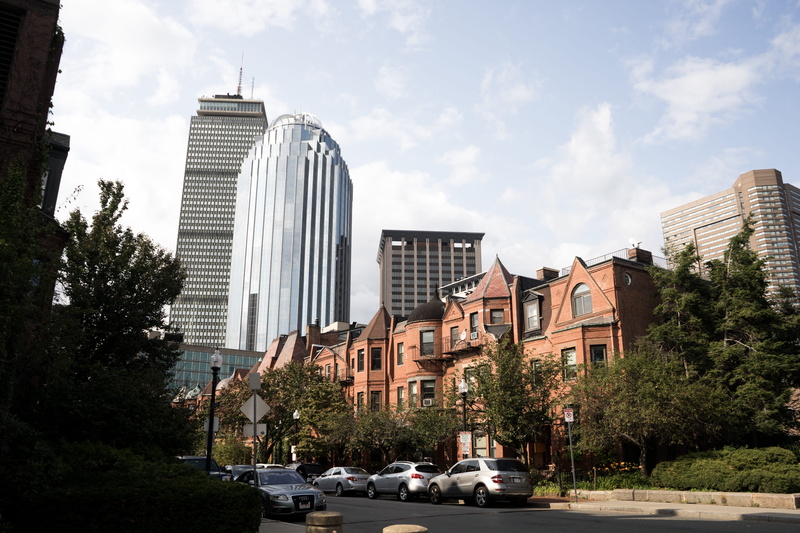 boston, sky, skyline, car, office building exterior, built structure, brick, tall - high, land vehicle, cityscape, skyscraper, south end, outdoors, modern