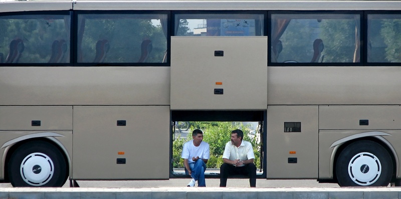 transportation, full length, 1080P, end of line, bus, coworker, end trip, compartment, pause, mature men, cooperation, mode of transportation, males, standing
