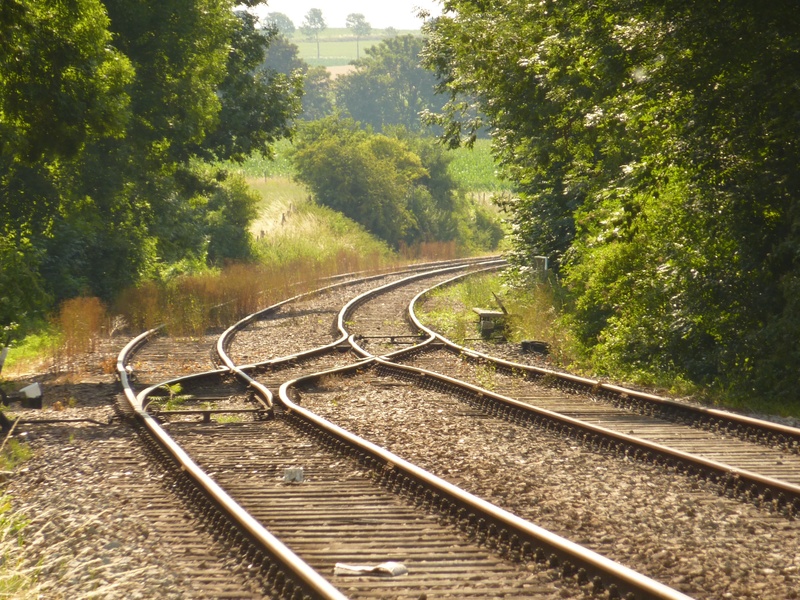 empty, green color, transportation, railway line, rails, somewhere, tracks, gravel, train, outdoors, nature, railroad track, sunlight, sleepers, railway