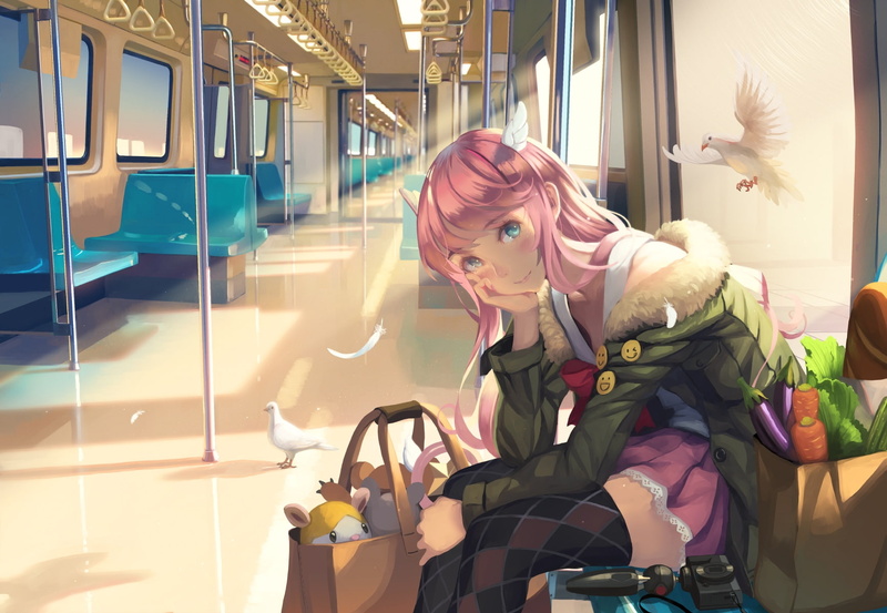 train, young women, real people, Anime, outdoors, one person, feathers, rail transportation, mode of transportation, leisure activity, lifestyles, young adult