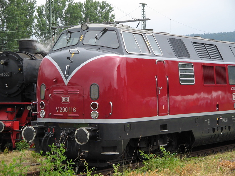 rail traffic, no people, v200, land vehicle, tree, rail transportation, railway, train - vehicle, travel, land, train, red, railroad car, stationary, locomotive