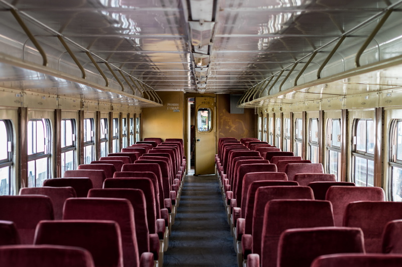 chairs, absence, aisle, bus, metro, ceiling, rail transportation, no people, window, airplane, chair, red, repetition, empty, old, transportation, photo