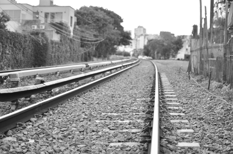 mode of transportation, sky, city, gravel, railroad track, rail traffic, threshold, track bed, rail, plant, 4K, architecture, track, black and white, long