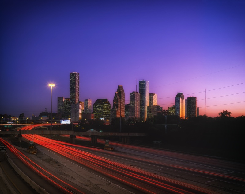 dusk, office building exterior, built structure, long exposure, evening, highway, houston, city, lights, sunset, gray, cities, buildings, light trail, outdoors
