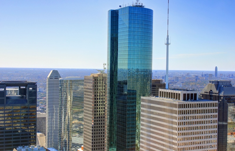 building, blue, tower, surrounded, 2K, downtown, clear, cityscape, building exterior, financial district, high rise, landscape, no people, texas, urban skyline