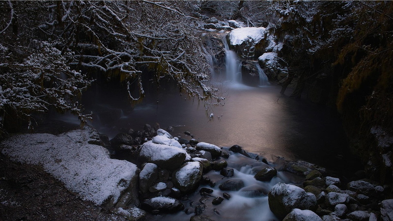 photo, nature and landscapes, pool, time, rocks, winter, trees, 1080P, waterfalls, poll, lapse