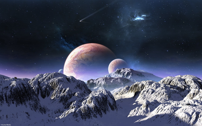 snow, night, moon, filled, planets, 1080P, background, mountains, landscape, somewhere, mountain
